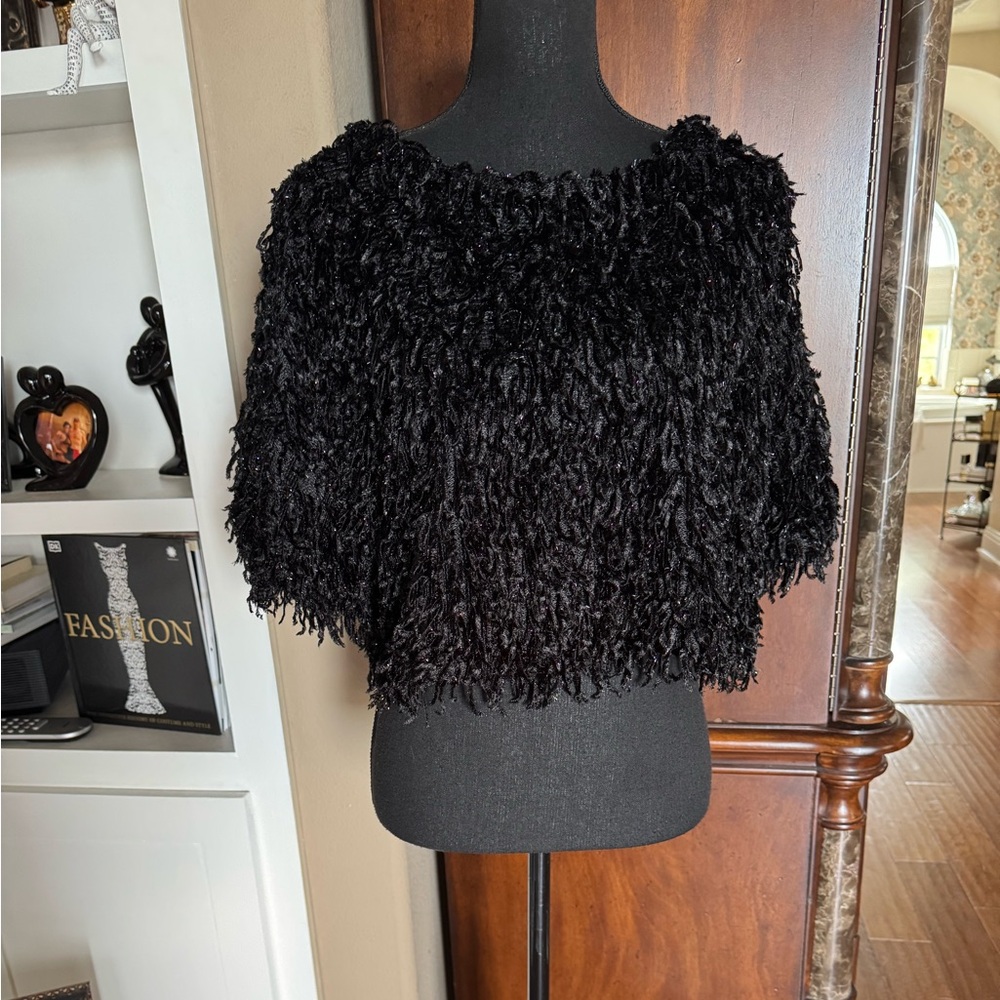 Cousin Earl Black Shimmer Fringe Cropped Top
